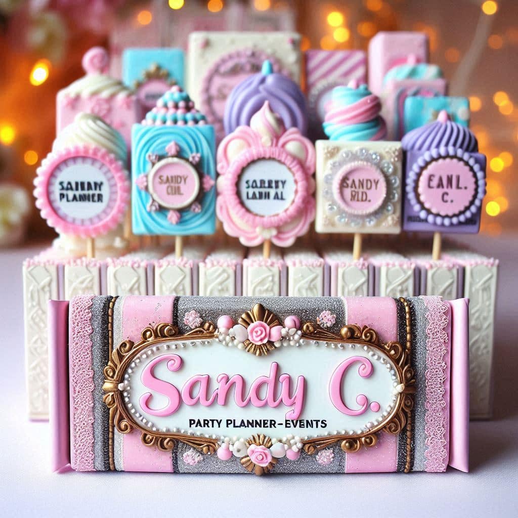 fancy customized candy bar with the name _Sandy C._ across the top and _Party Planner Events_ in slightly smaller font on the bottom custom candy bars and sweets table